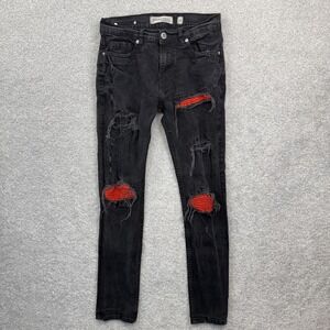 Evolution In Design Mens Black Distressed Skinny Jeans 30x32 Red Ribbed Patches